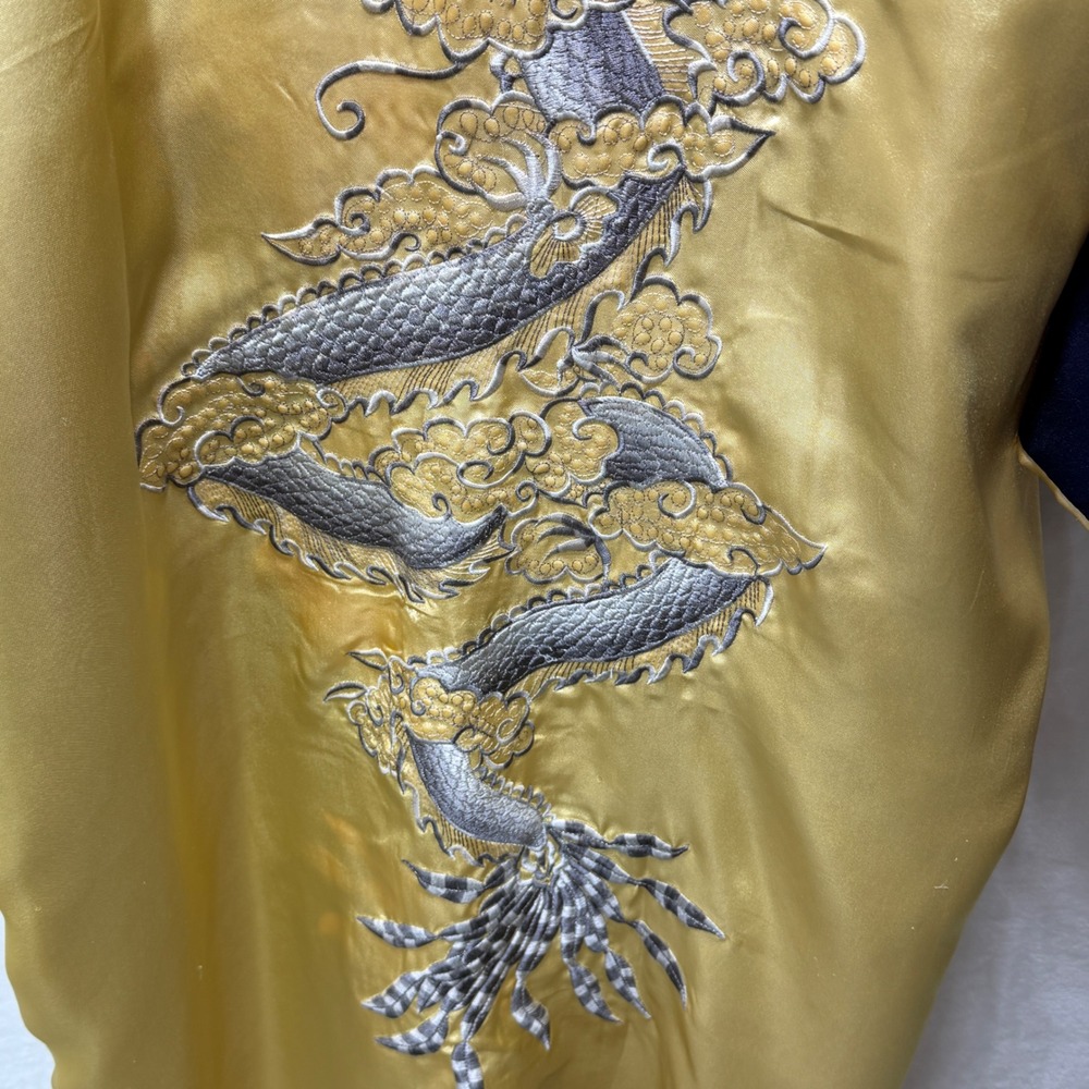 Navy Blue Gold Dragon Embroidered Satin Kimono Robe Asian Motif Reversible - Picture 12 of 15